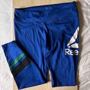 Reebok Workout Leggings - Size XL - Blue w. White Logo and Ankle Stripes